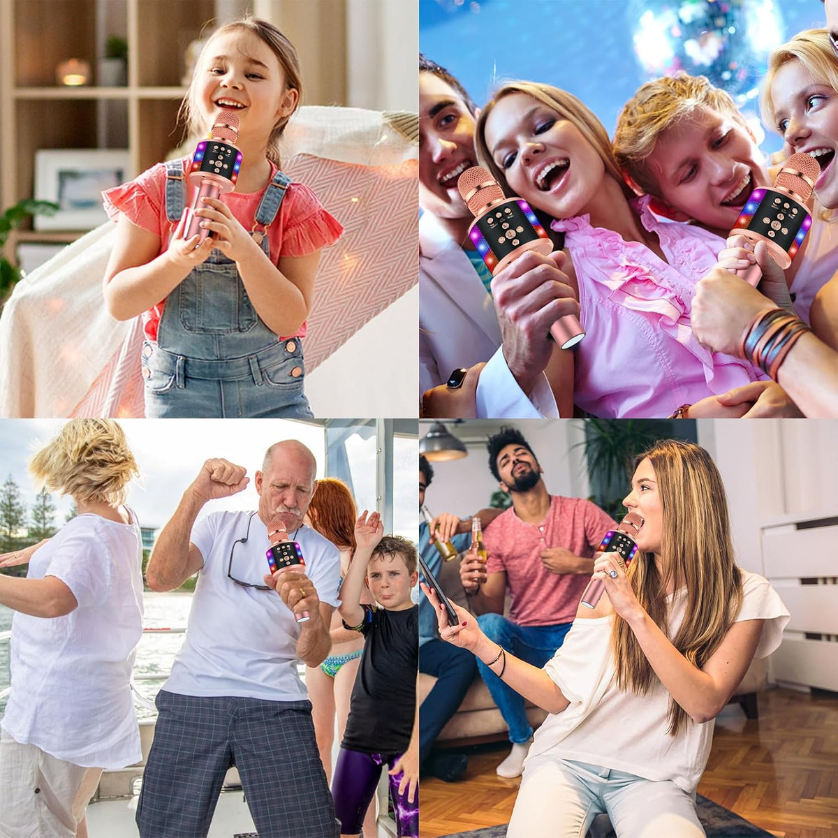 BONAOK Karaoke Microphone for Kids & Adults - Bluetooth Microphones Singing Mic with Disco Lights, Echo Effect (Rose Gold)