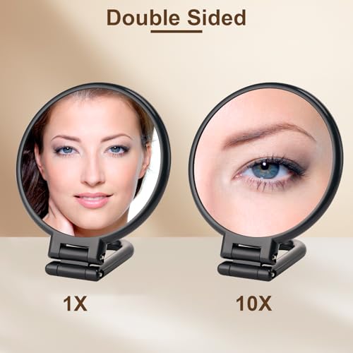 BOOMIBOO 1X/10X Magnifying Handheld Mirror Double Sided, Foldable Travel Makeup Mirror, Adjustable Rotation Pedestal Hand/Hanging/Desk Vanity