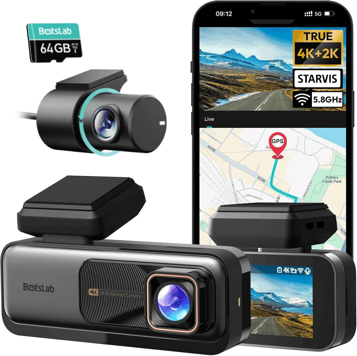 BOTSLAB 4K Dash Cam Front and Rear, 170° Ultra Wide 4K+2K Dashcam with ADAS, Night Vision, 24/7 Parking Mode, Sony STARVIS Sensor, WDR