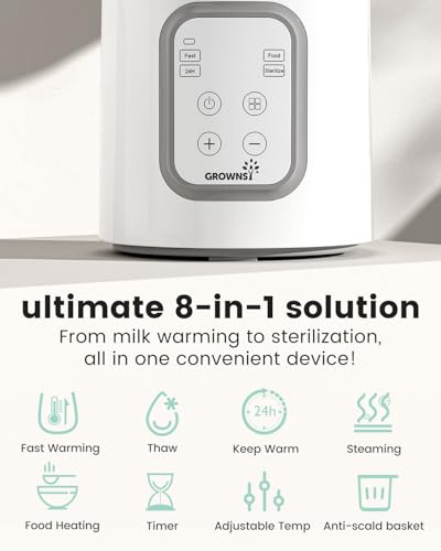 Bottle Warmer, Grownsy 8-in-1 Fast Baby Bottle Warmer with Timer, Safe for Breastmilk Nutrients, Accurate Temperature Control, with Defrost