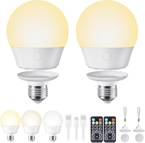 Brightown E26 Rechargeable Light Bulb with Remote Timer and 3 Color Temperatures, Battery Backup Bulb for Sconces and Lamps, E26 Detachable Charging