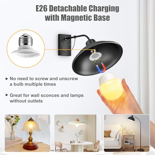 Brightown E26 Rechargeable Light Bulb with Remote Timer and 3 Color Temperatures, Battery Backup Bulb for Sconces and Lamps, E26 Detachable Charging