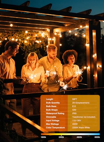 Brightown Outdoor String Lights, 50FT 25 G40 Bulbs Shatterproof Patio Lights, IP65 Waterproof Dimmable Hanging Connectable Globe LED Outdoor Lights