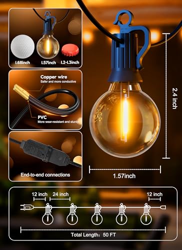 Brightown Outdoor String Lights, 50FT 25 G40 Bulbs Shatterproof Patio Lights, IP65 Waterproof Dimmable Hanging Connectable Globe LED Outdoor Lights