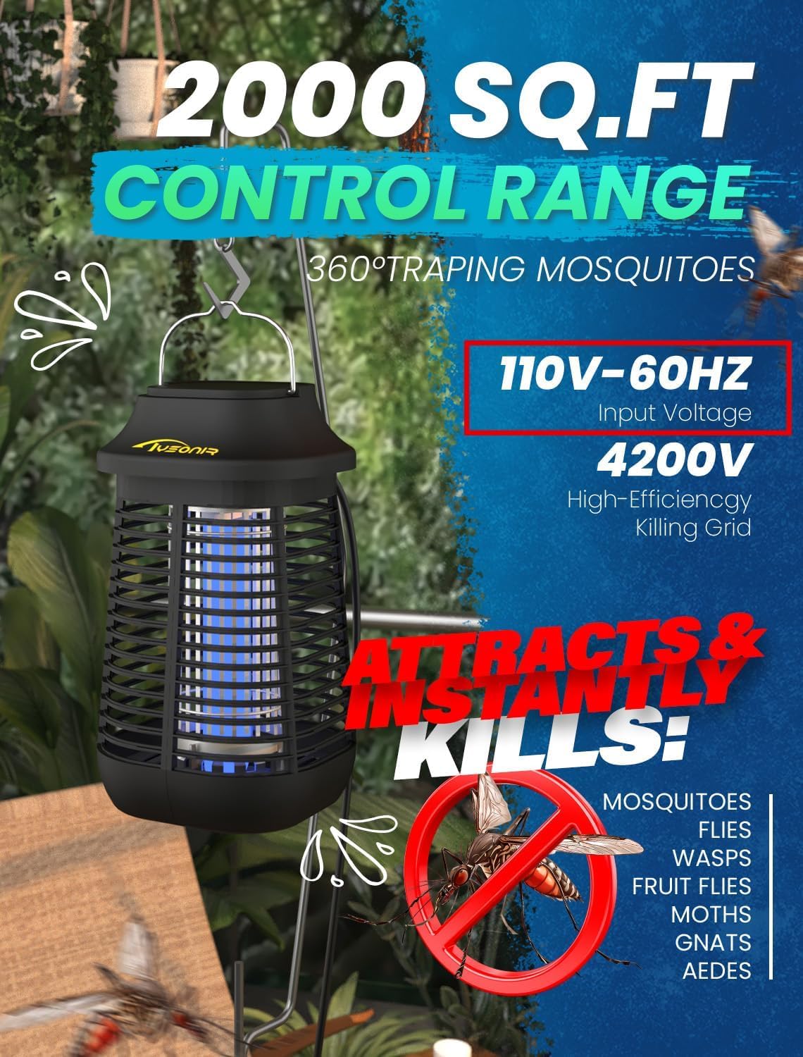 Bug Zapper 4200V for Outdoor and Indoor, 9.84 Ft Power Cord with Switch, Waterproof Electric Mosquito Zappers(3rd Generation), Mosquito lamp