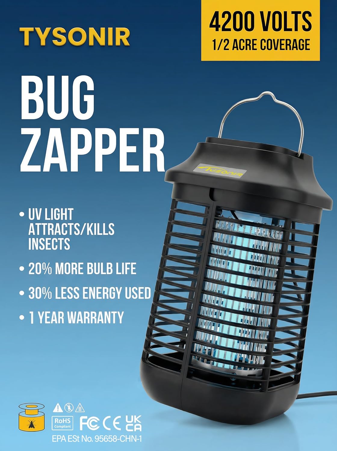 Bug Zapper 4200V for Outdoor and Indoor, 9.84 Ft Power Cord with Switch, Waterproof Electric Mosquito Zappers(3rd Generation), Mosquito lamp
