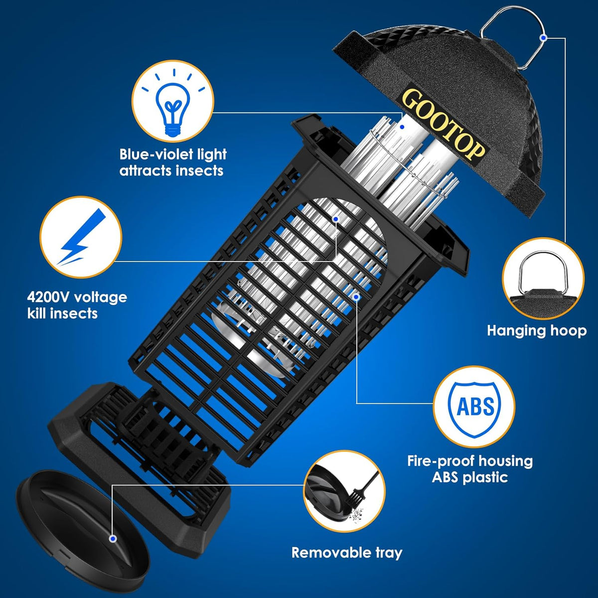 Bug Zapper Outdoor, 4200V Electric Mosquito Zapper, Bug Zapper Outdoor, Fly Traps, Fly Zapper, Mosquito Killer Indoor 3 Prong Plug, 90-130V