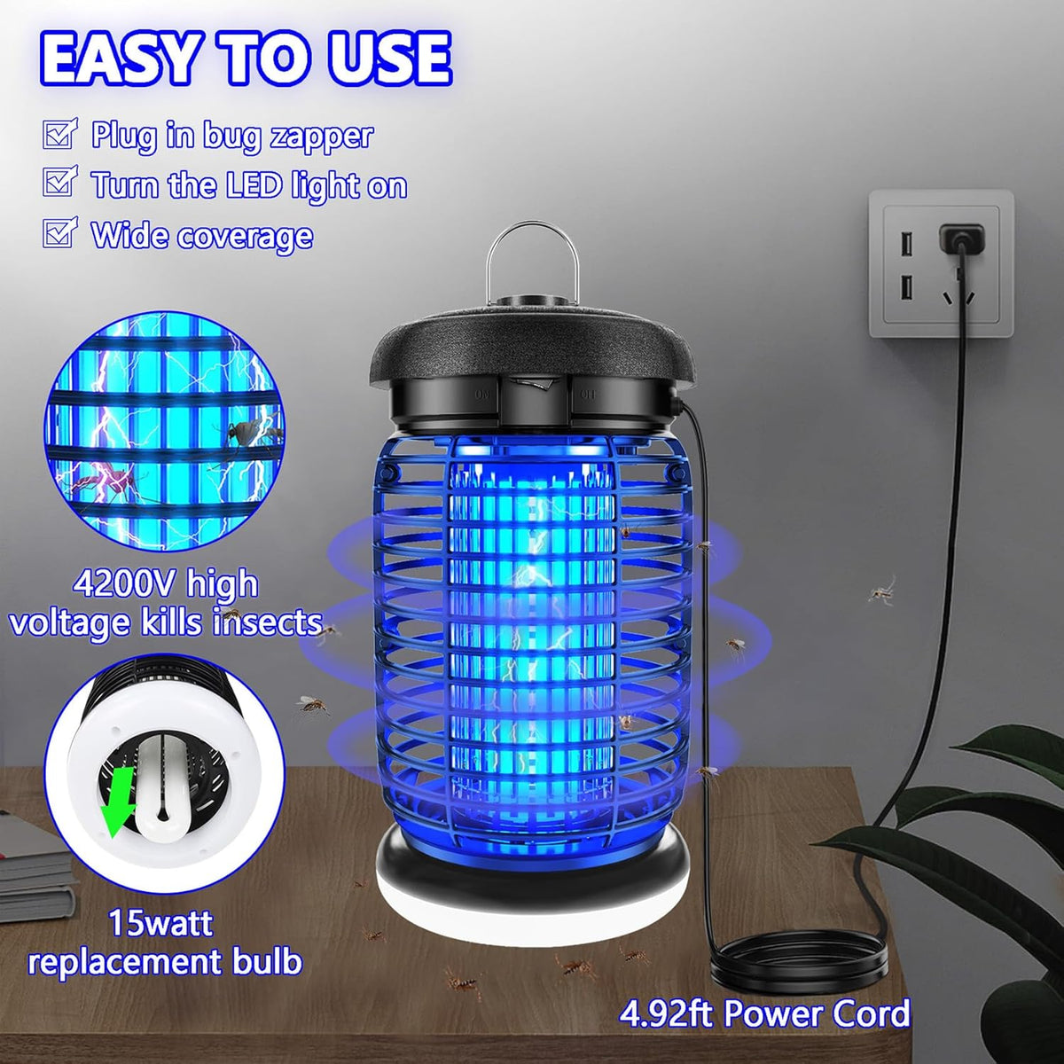 Bug Zapper Outdoor, Mosquito Zapper with LED Light, Fly Zapper Outdoor Indoor, Insect Zapper Electric Fly Traps, Plug in Mosquito Killer