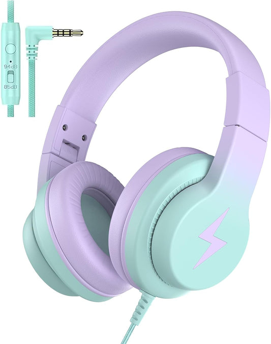 Candy Bila Kids Headphones, Wired Headphones for Kids Over Ear with Microphone, 85/94dB Volume Limiter Headphone for Girls Boys, Foldable Headphone