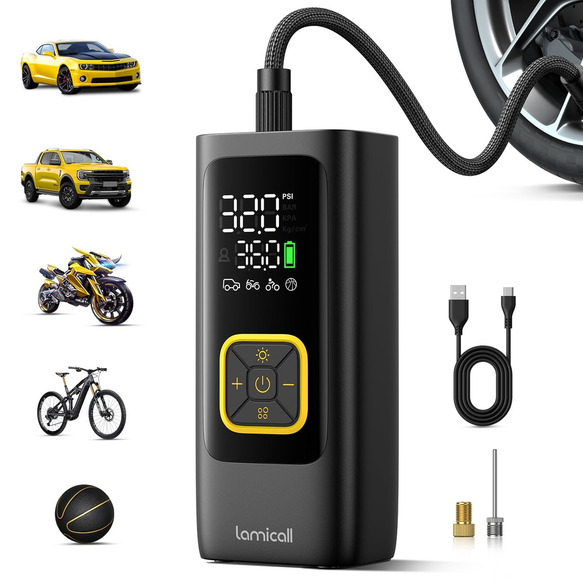 Car Tire Inflator Portable Air Compressor - Lamicall, 4X Faster, 150 PSI, Bike Air Pump, Rechargeable Battery, Pressure Gauge Display, LED Light