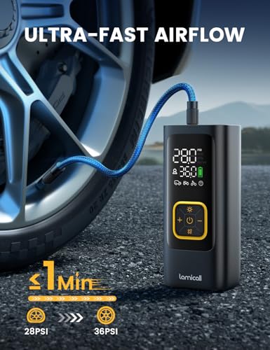 Car Tire Inflator Portable Air Compressor - Lamicall, 4X Faster, 150 PSI, Bike Air Pump, Rechargeable Battery, Pressure Gauge Display, LED Light