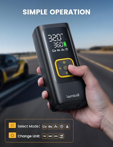 Car Tire Inflator Portable Air Compressor - Lamicall, 4X Faster, 150 PSI, Bike Air Pump, Rechargeable Battery, Pressure Gauge Display, LED Light