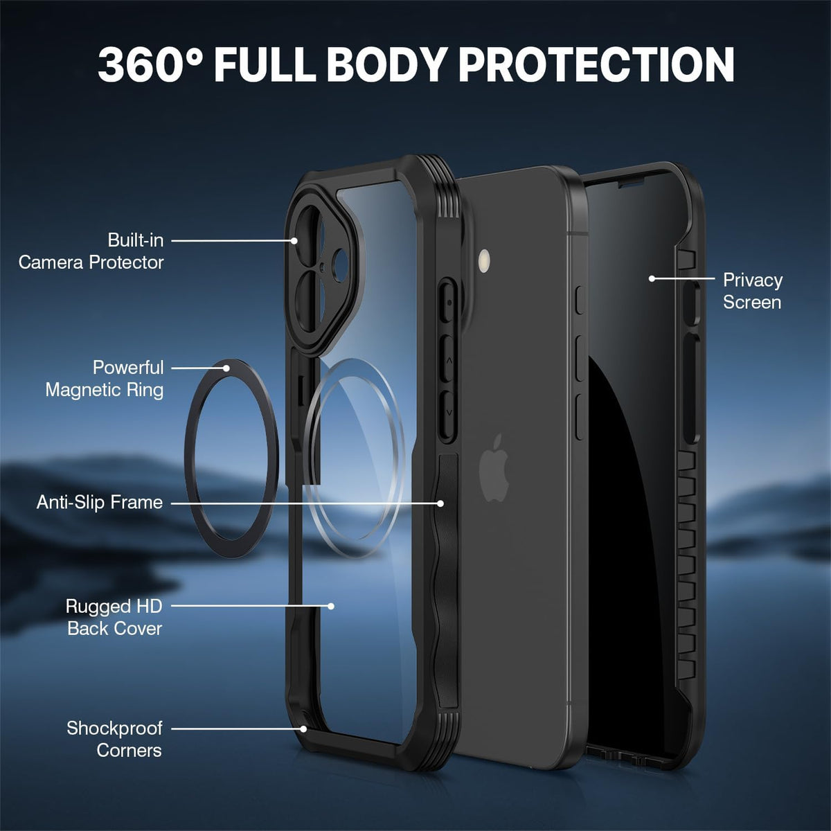 CENHUFO Magnetic Privacy for iPhone 17 Case, Compatible with Magsafe, Full Body Phone Case Built-in 9H Tempered Glass Privacy Screen Protector (Black)