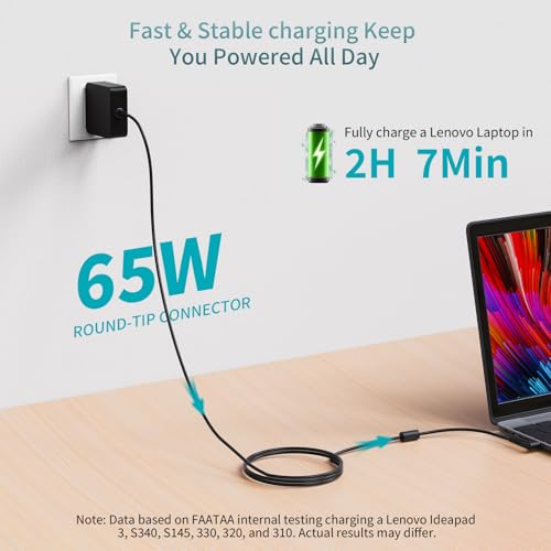 Charger for Lenovo Laptop IdeaPad 1/3/5 Slim 3/3i Flex 5 (14 15 16 Inch) V14 V15 V17 S145 S340 S540 320 320S 330 330S Lengthened Power Cord Round Tip