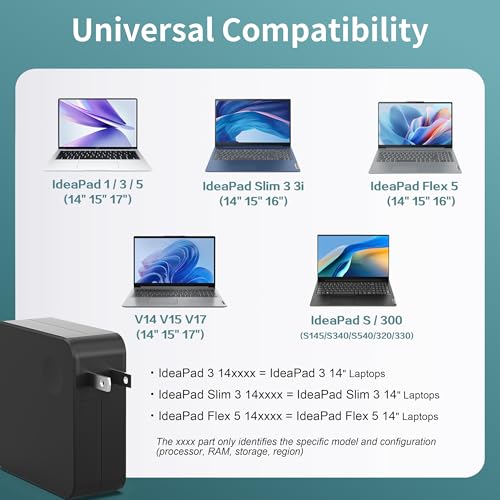 Charger for Lenovo Laptop IdeaPad 1/3/5 Slim 3/3i Flex 5 (14 15 16 Inch) V14 V15 V17 S145 S340 S540 320 320S 330 330S Lengthened Power Cord Round Tip