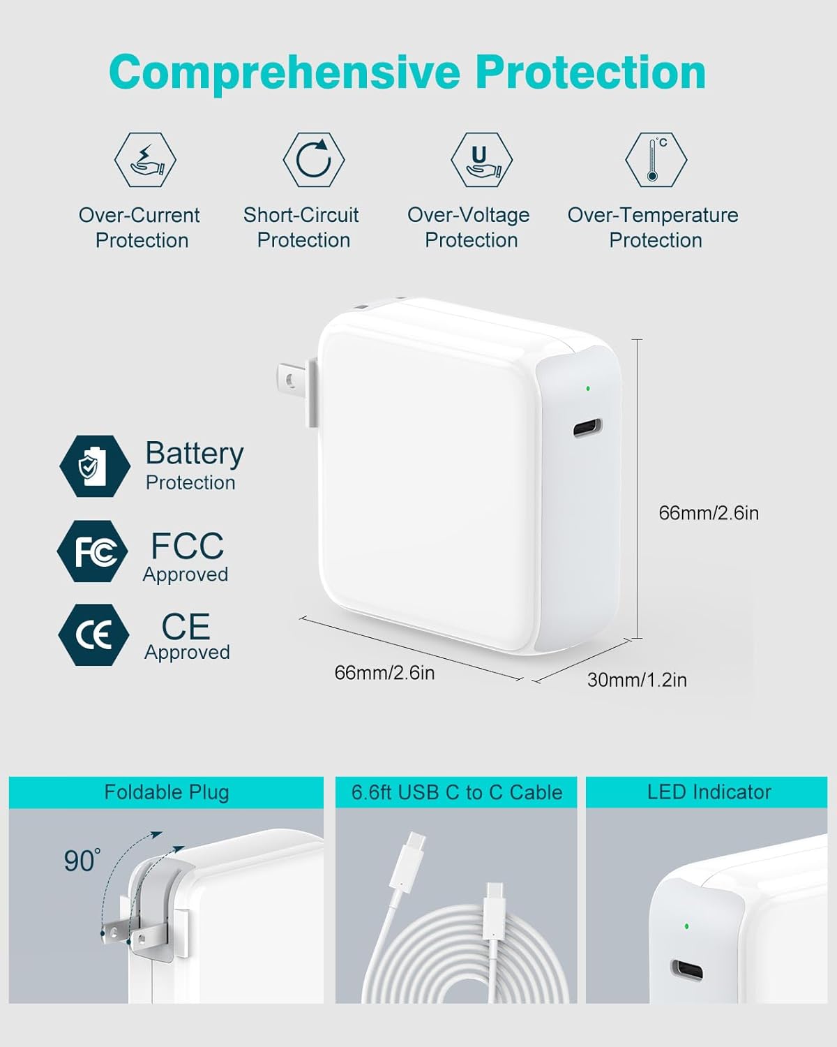 Charger for MacBook Air MacBook Pro 13 14 15 16 inch 2025 2024 2023 2022 2021 2020, M1 M2 M3 M4 Laptop 70W USB C Power Adapter, iPad, LED
