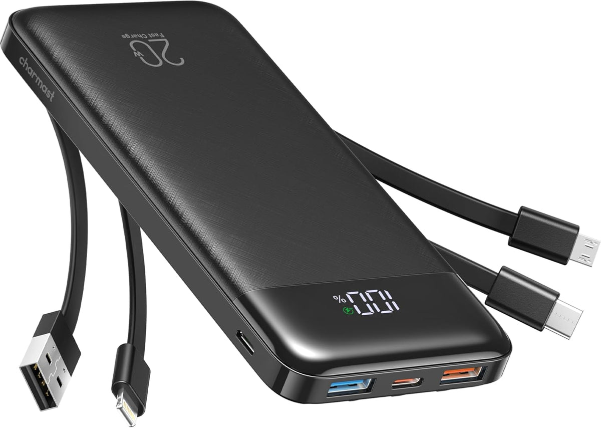 charmast 20000mAh Portable Charger with Built in Cables, 22.5W Travel Power Bank Fast Charging, USB C Cell Phone Battery Pack