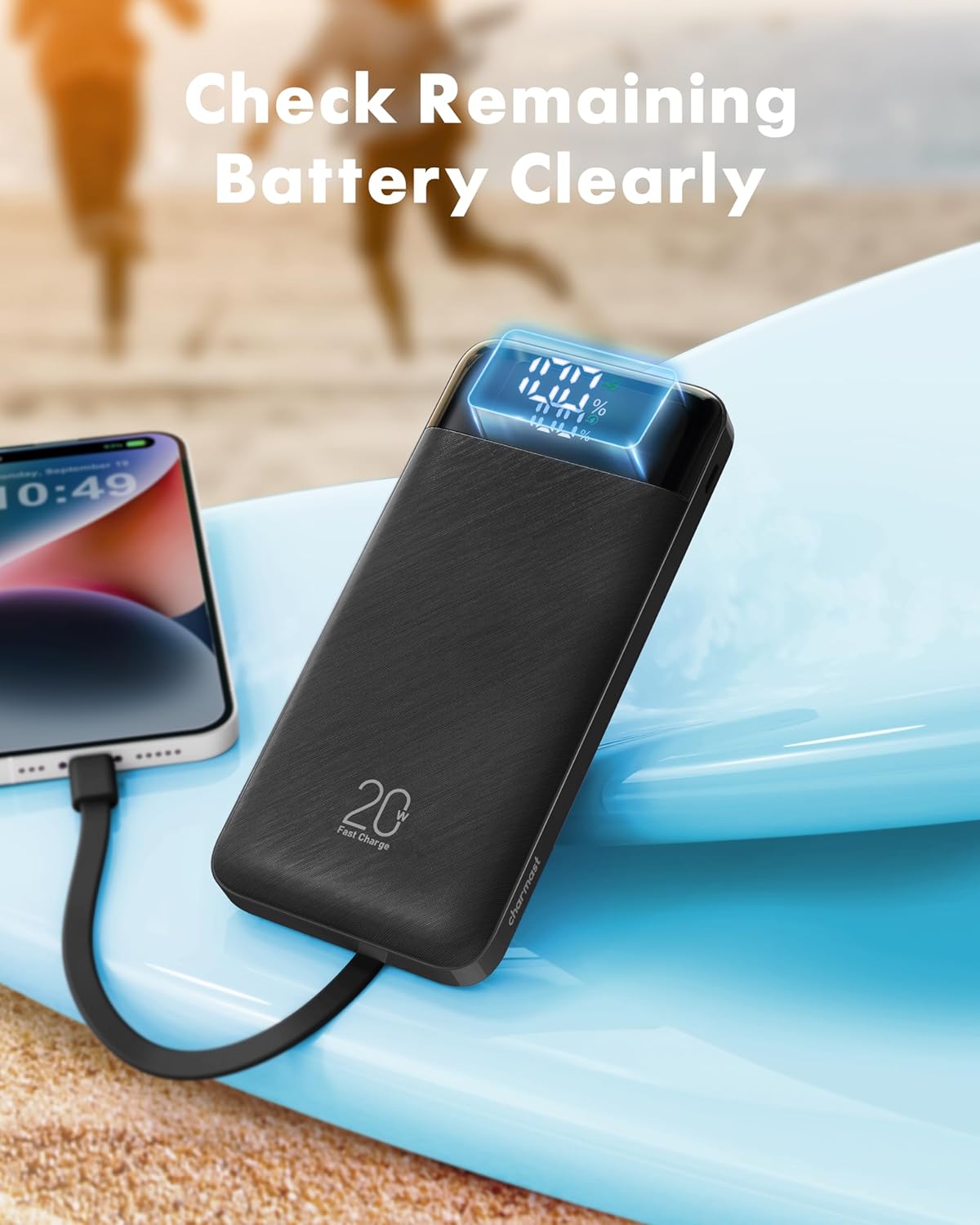 charmast 20000mAh Portable Charger with Built in Cables, 22.5W Travel Power Bank Fast Charging, USB C Cell Phone Battery Pack
