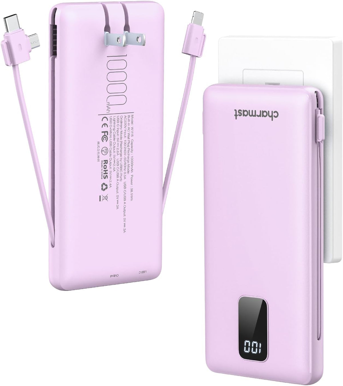 charmast Portable Charger with Built-in Cables & Wall Plug, 10000mAh Portable Power Bank, External Battery Pack Travel Essentials