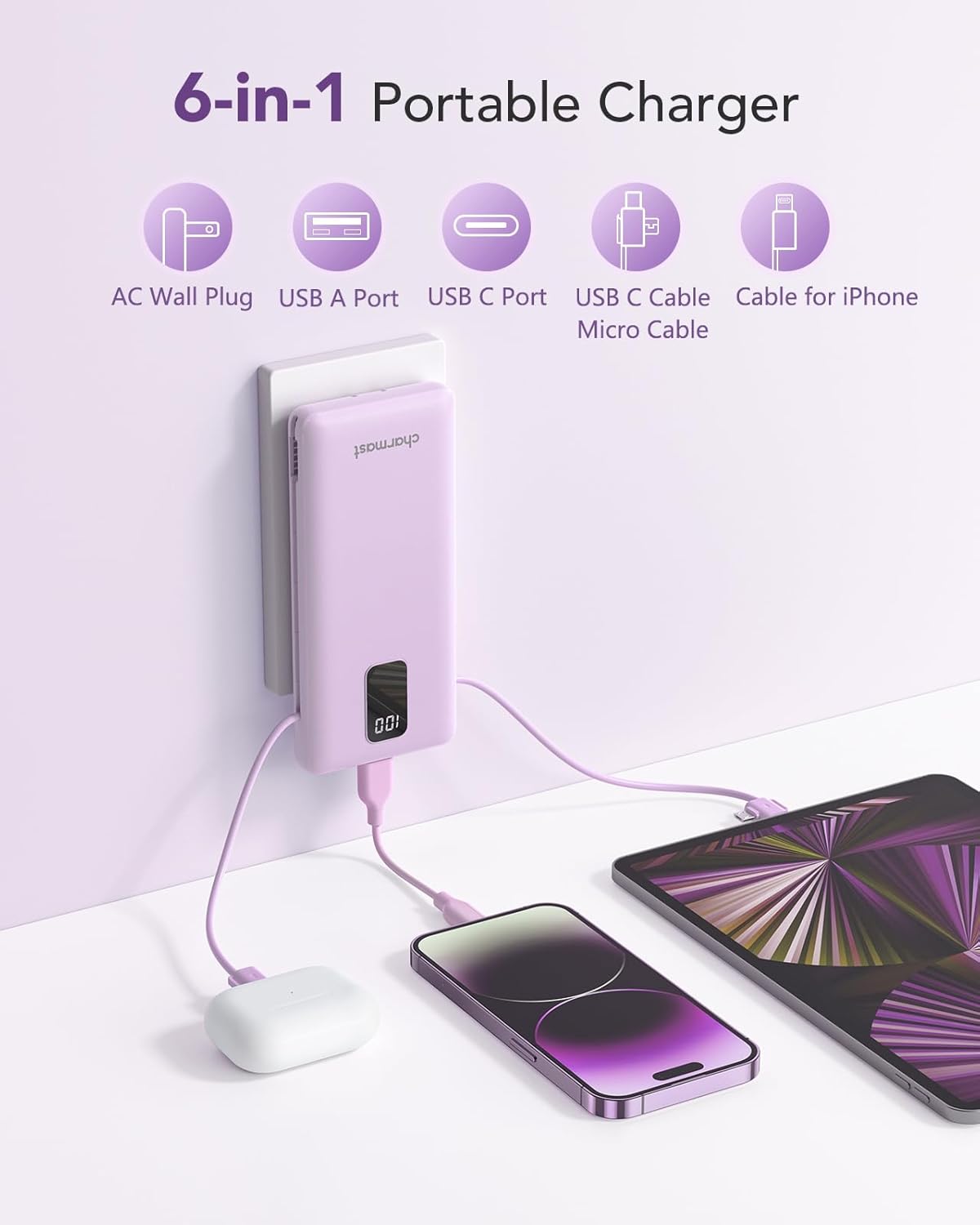 charmast Portable Charger with Built-in Cables & Wall Plug, 10000mAh Portable Power Bank, External Battery Pack Travel Essentials