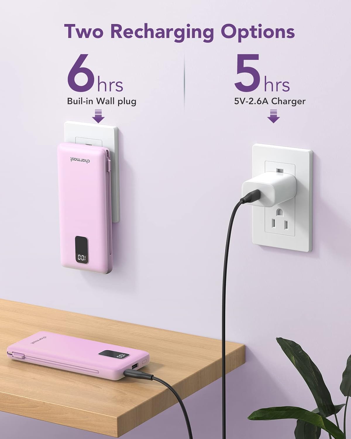 charmast Portable Charger with Built-in Cables & Wall Plug, 10000mAh Portable Power Bank, External Battery Pack Travel Essentials