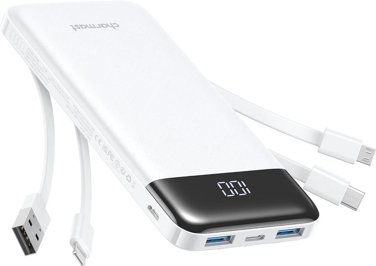 Charmast Portable Charger with Built in Cables, Power Bank with Cords Wires, Slim 10000mAh Travel Battery Pack 6 Outputs 3 Inputs 3A Fast Charging