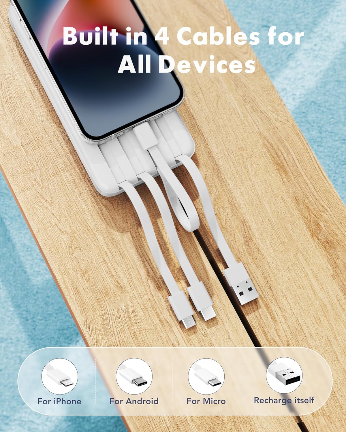 Charmast Portable Charger with Built in Cables, Power Bank with Cords Wires, Slim 10000mAh Travel Battery Pack 6 Outputs 3 Inputs 3A Fast Charging