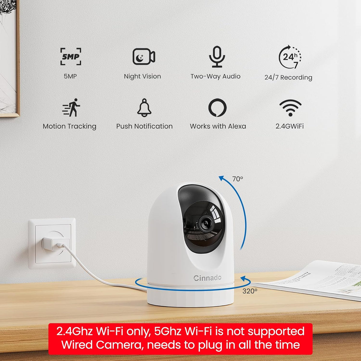 Cinnado Security Camera Indoor-2K 360° WiFi Cameras for Home Security, Pet/Dog/Baby Camera with Phone app, 2-Way Audio, Night Vision