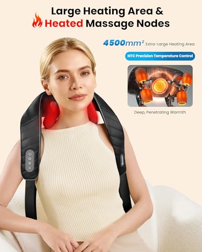 COMFIER Cordless Neck Massager with Heat, 4D Kneading Shiatsu Neck and Shoulder Massager Deep Tissue, Hands-Free Straps