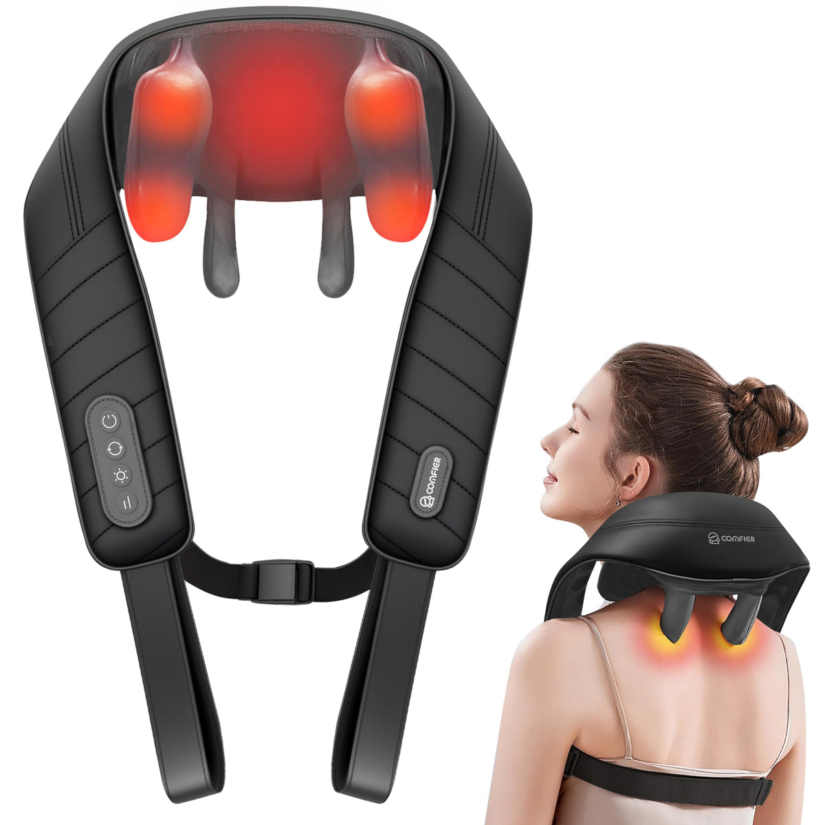 COMFIER Cordless Neck Massager with Heat, 4D Kneading Shiatsu Neck and Shoulder Massager Deep Tissue, Hands-Free Straps
