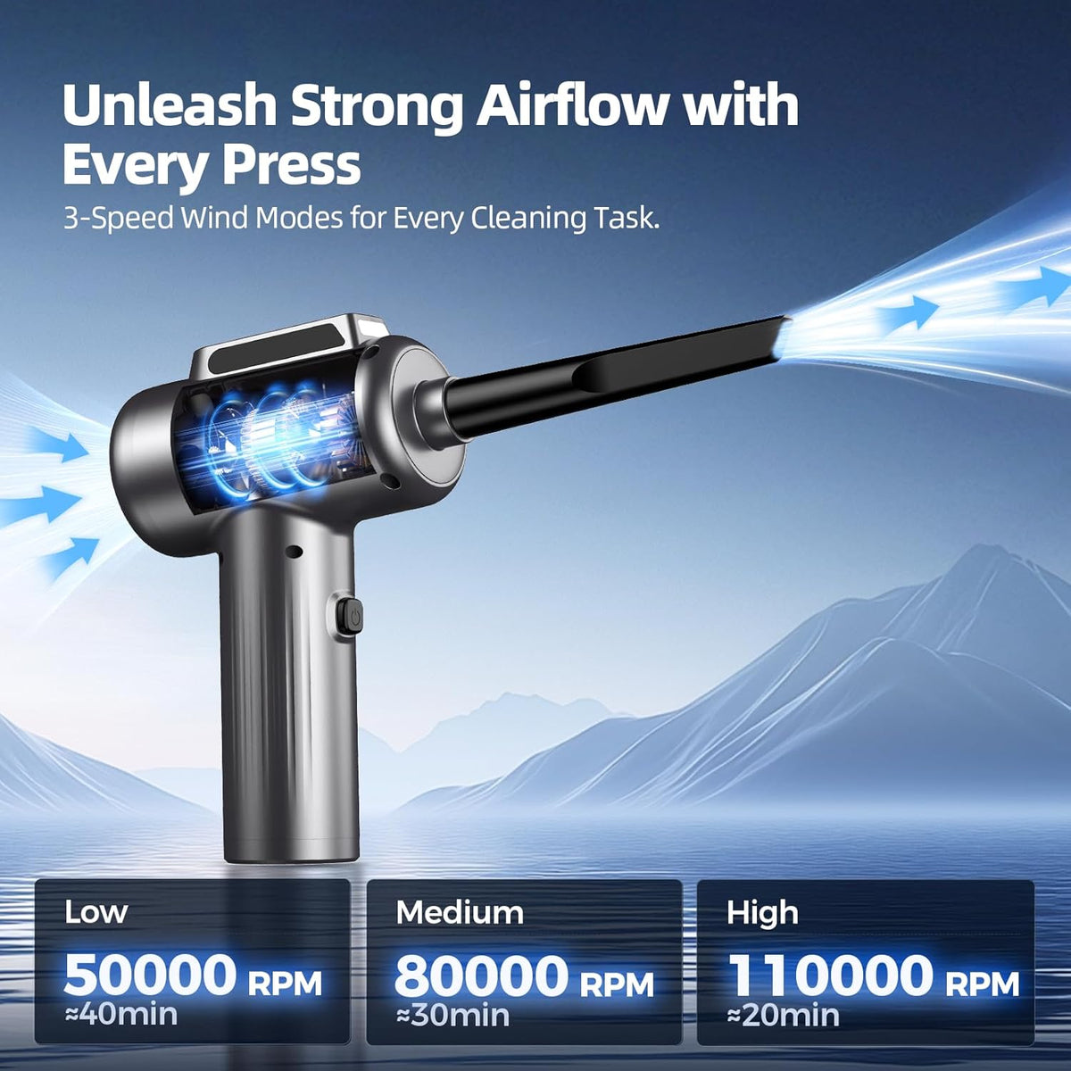 Compressed Air Duster, 110000RPM Ultra-Powerful Electric Air Duster with LED Light, 3-Speed Adjustable, Rechargeable Cordless Mini Blower for Computer