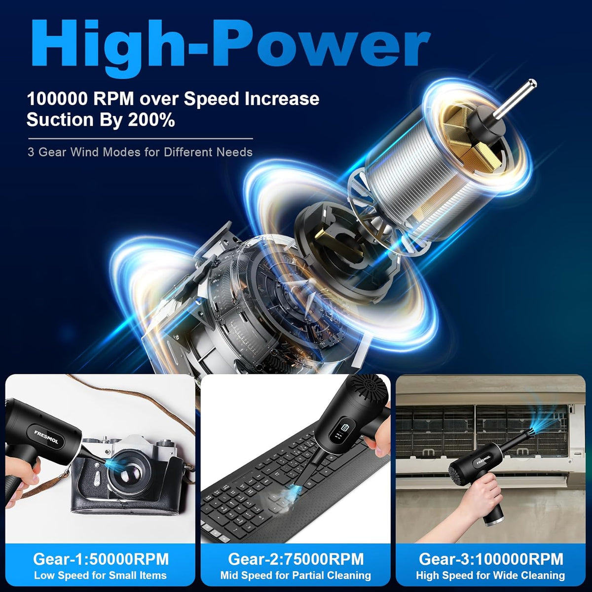 Compressed Air Duster-3 Gear Adjustable 100000RPM Electric Air Duster with LED Light, Rechargeable Cordless Air Blower (Black)