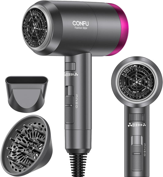 CONFU Ionic Blow Dryer 1600W, Portable Lightweight Fast Drying Negative Ion Hairdryer Blowdryer, 3 Heat Settings & Infinity Speed