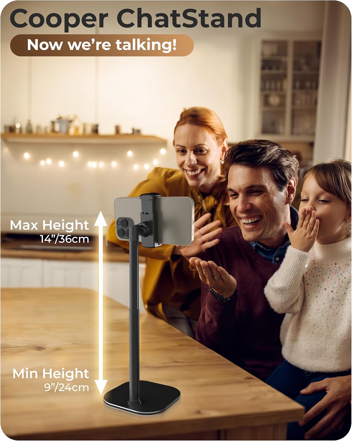 COOPER ChatStand, Adjustable Cell Phone Stand for Desk, Phone Stand for Recording, iPhone Holder for Filming, Small Tripod for iPhone (Night Black)