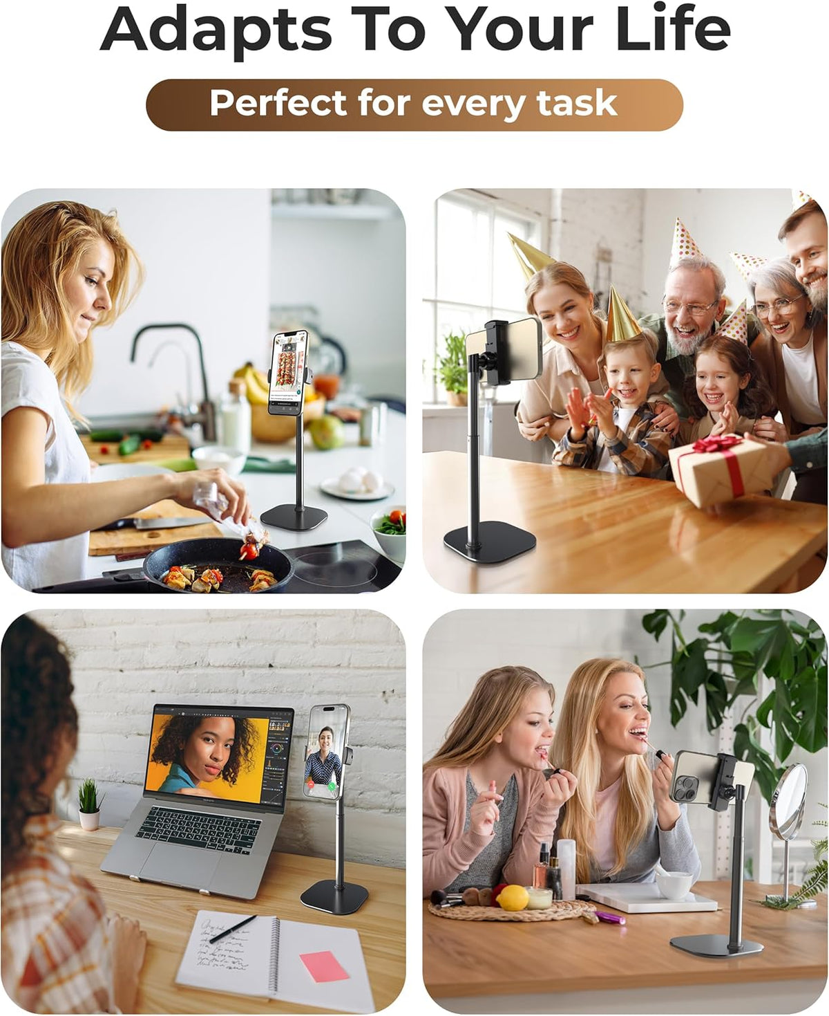 COOPER ChatStand, Adjustable Cell Phone Stand for Desk, Phone Stand for Recording, iPhone Holder for Filming, Small Tripod for iPhone (Night Black)