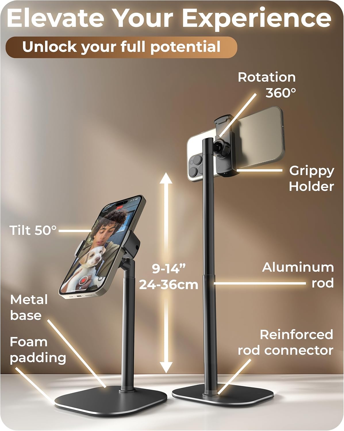 COOPER ChatStand, Adjustable Cell Phone Stand for Desk, Phone Stand for Recording, iPhone Holder for Filming, Small Tripod for iPhone (Night Black)