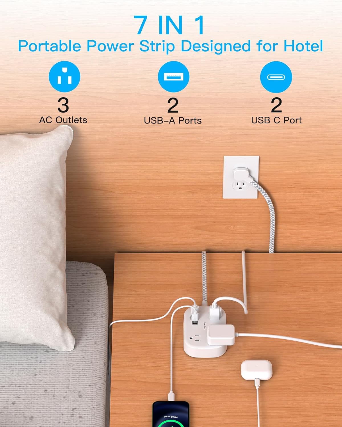 Cruise Essentials, One Beat Travel Power Strip with USB C, Flat Plug Extension Cord with 3 Outlets 4 USB Ports(2 USB C)