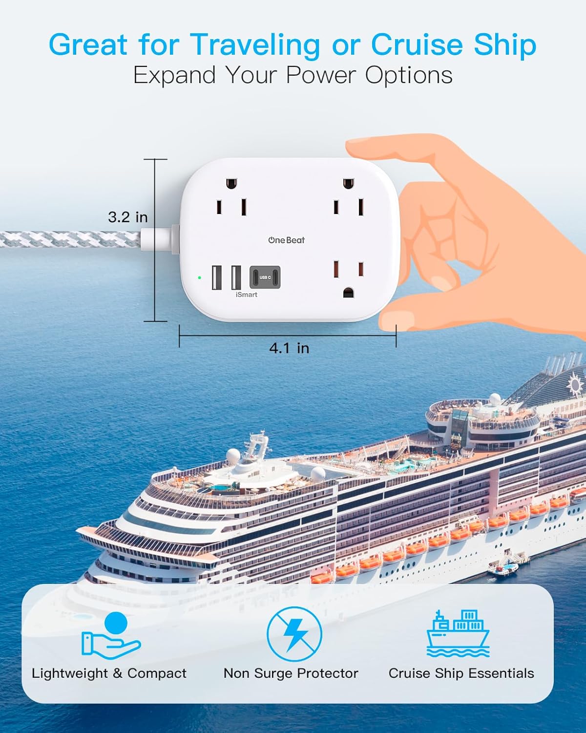 Cruise Essentials, One Beat Travel Power Strip with USB C, Flat Plug Extension Cord with 3 Outlets 4 USB Ports(2 USB C)