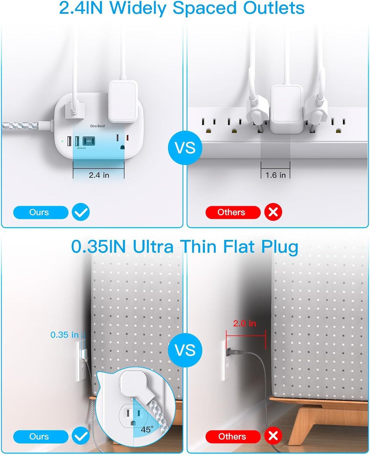 Cruise Essentials, One Beat Travel Power Strip with USB C, Flat Plug Extension Cord with 3 Outlets 4 USB Ports(2 USB C)