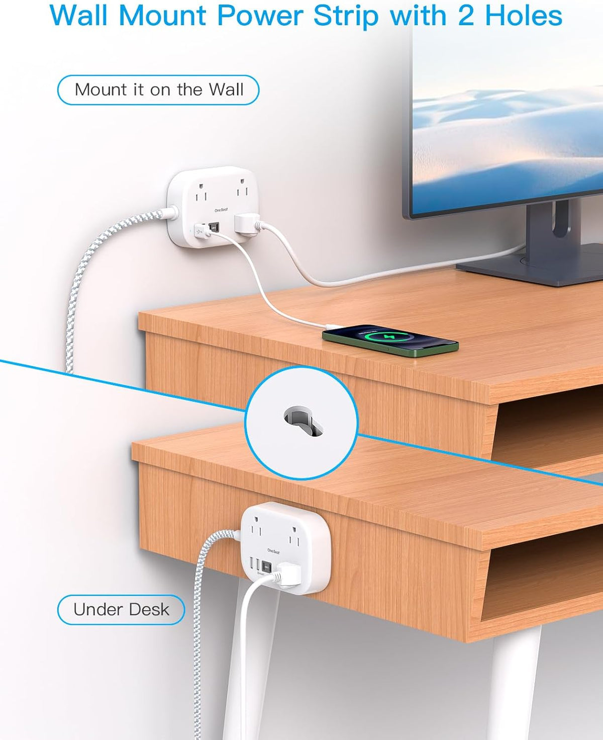 Cruise Essentials, One Beat Travel Power Strip with USB C, Flat Plug Extension Cord with 3 Outlets 4 USB Ports(2 USB C)