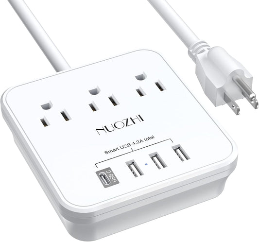 Cruise Essentials, NUOZHI 6 Ft Power Strip with 3 Outlets and 4 USB Ports(1 USB C), Non Surge Protector for Cruise Ship, Travel, Home Office (White)