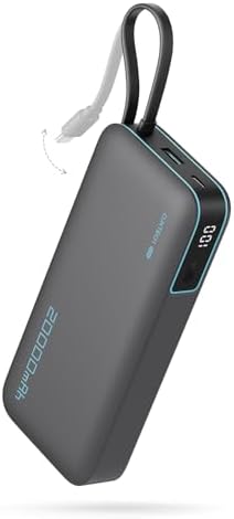CUKTECH 45W Power Bank 20000mAh, Portable Travel Charger Built-in USB C Cable, Fast Charging Battery Pack for iPhone 16/15/14/13, iPad (Gray)