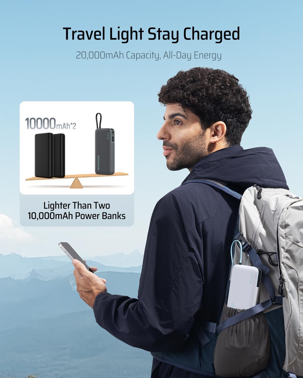 CUKTECH 45W Power Bank 20000mAh, Portable Travel Charger Built-in USB C Cable, Fast Charging Battery Pack for iPhone 16/15/14/13, iPad (Gray)