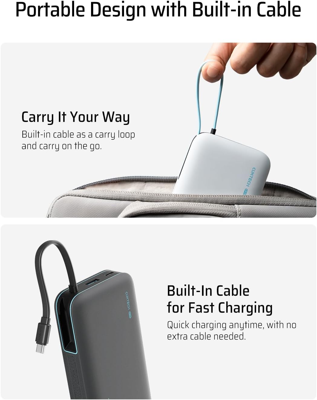 CUKTECH 45W Power Bank 20000mAh, Portable Travel Charger Built-in USB C Cable, Fast Charging Battery Pack for iPhone 16/15/14/13, iPad (Gray)