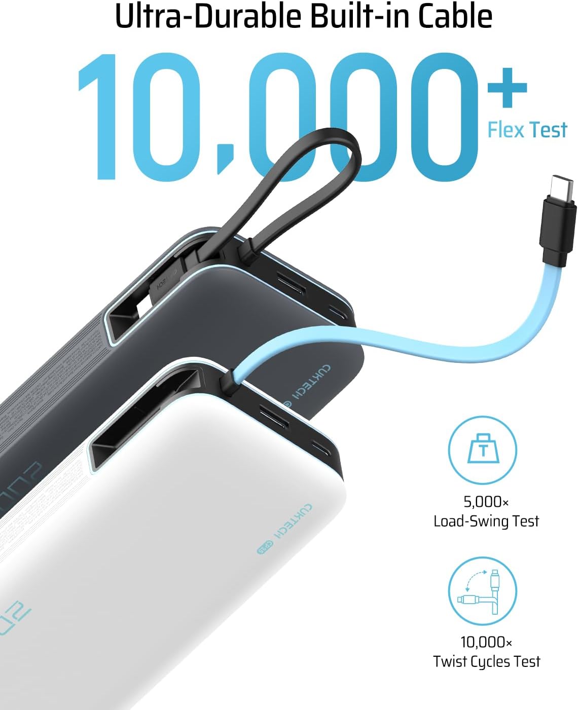 CUKTECH 45W Power Bank 20000mAh, Portable Travel Charger Built-in USB C Cable, Fast Charging Battery Pack for iPhone 16/15/14/13, iPad (Gray)