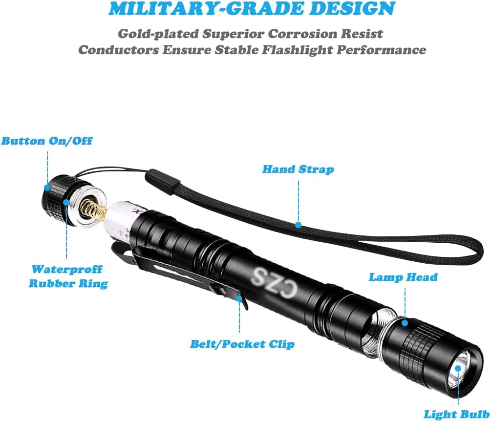 CZS Flashlight, 2 Pack Pen Light, Small Flashlights High Lumens, Battery-Powered LED Flashlight by 2AAA Battery, Waterproof Pocket Flashlights