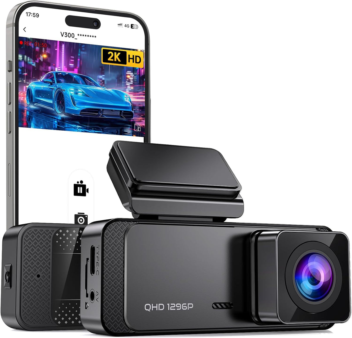 Dash Cam 1296P Front Dashcam, V300 WiFi Dash Camera for Cars with App, Night Vision, Mini Hidden Single Car Camera, Loop Recording (Black)