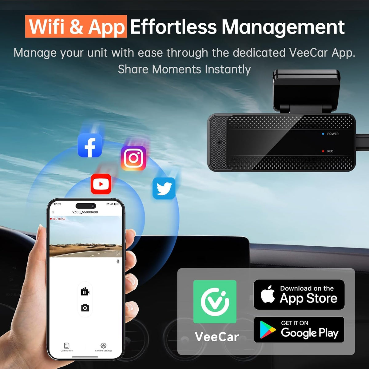 Dash Cam 1296P Front Dashcam, V300 WiFi Dash Camera for Cars with App, Night Vision, Mini Hidden Single Car Camera, Loop Recording (Black)