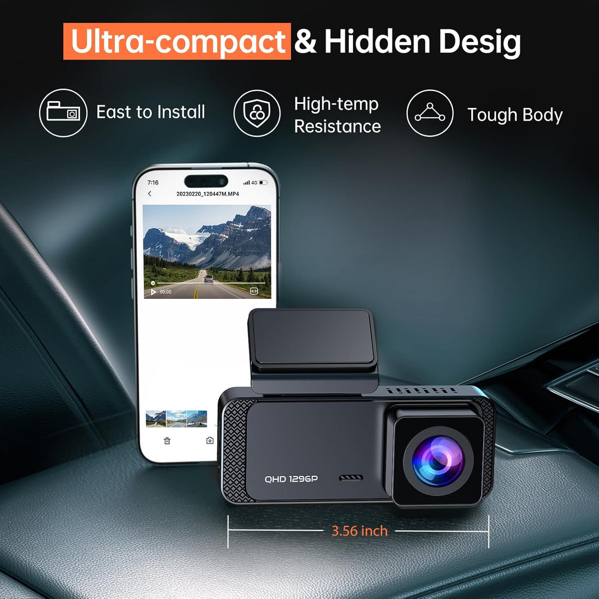 Dash Cam 1296P Front Dashcam, V300 WiFi Dash Camera for Cars with App, Night Vision, Mini Hidden Single Car Camera, Loop Recording (Black)