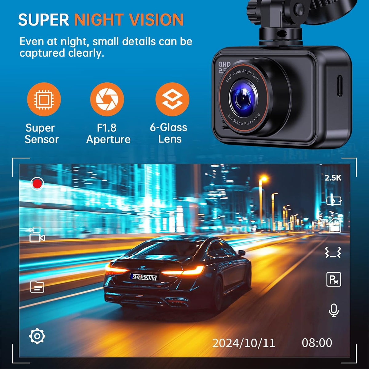 Dash Cam Front and Rear, 2.5K Dual Dash Camera for Cars, 2560P Mini Car Camera, 2 inch IPS Screen, 32GB Card Included, WDR Night Vision